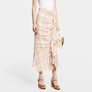 Cinq à Sept Asymmetrical Plaid Skirt in Pink and Yellow